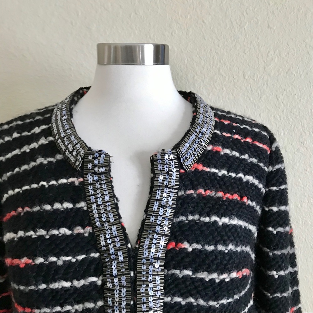Tracy Reese Wool Blend Sequin Cardigan Sweater Size Medium Black Striped